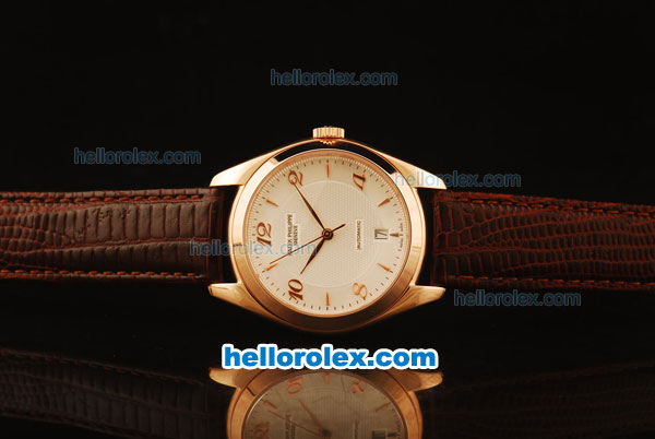 Patek Philippe Calatrava Swiss ETA 2824 Automatic Rose Gold Case with White Dial and Brown Leather Strap-Numeral Markers - Click Image to Close